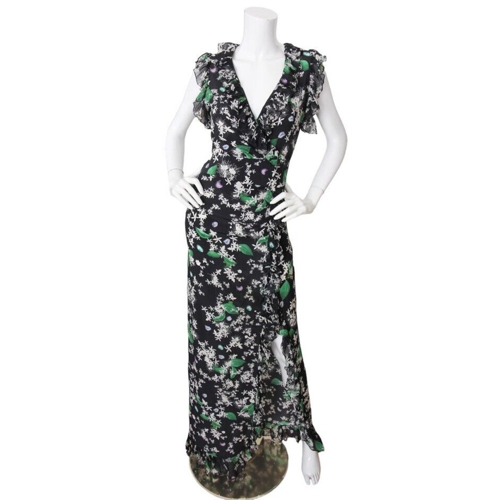 ISOLDA Silk Floral Print Ruffle Sleeveless V-Neck Front Slit Maxi Dress